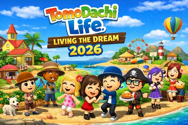 Tomodachi Life Living the Dream key art showing Mii characters on a tropical island